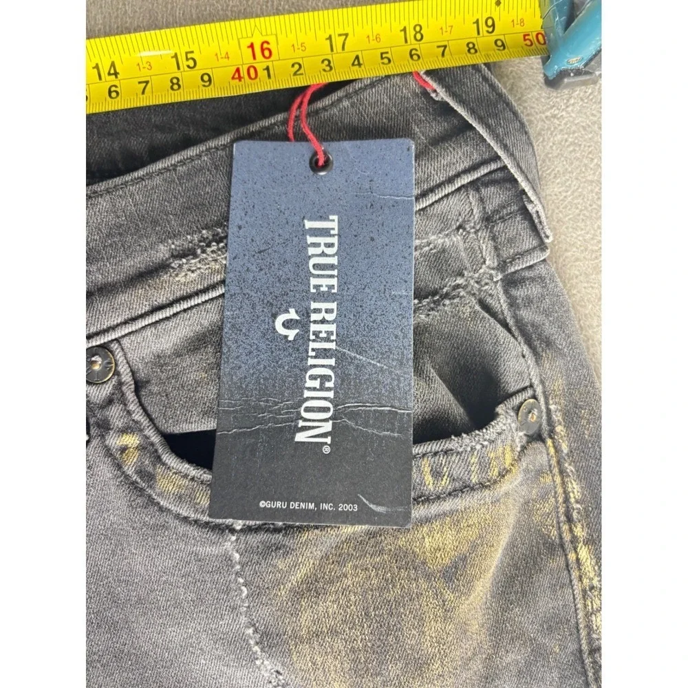 True Religion Ricky W Flap Straight Jeans Black Gold Snake Distressed Mens 38